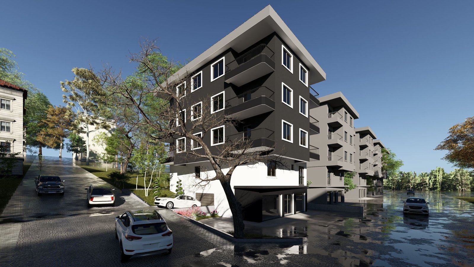 Corner-perspective architectural visualization showing the dark-gray façade, balconies, and ground-floor commercial space of Ezine Apartment within its surroundings.
