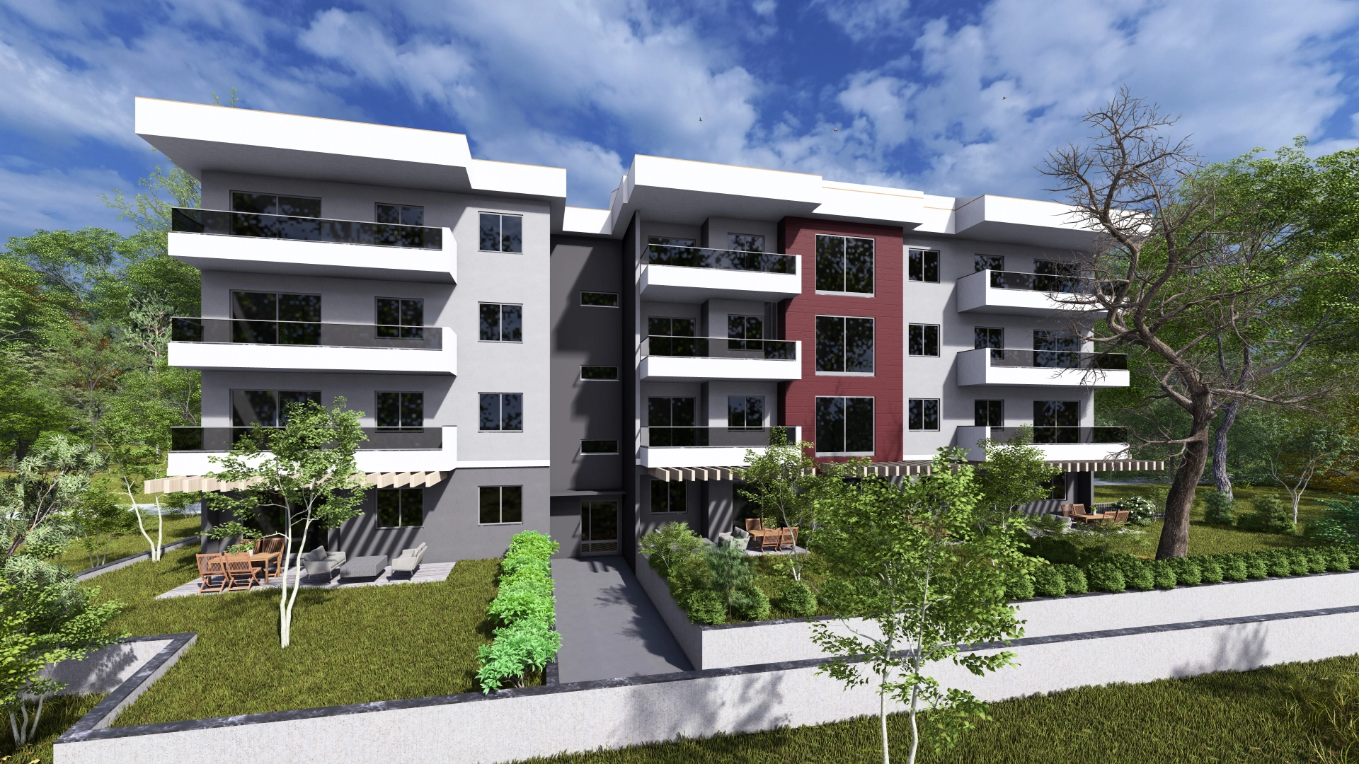 Front perspective rendering of a modern four-story residential building with white and gray façades, glass balconies, landscaped gardens, and private ground-floor terraces.