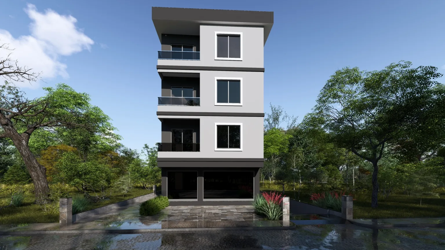 Small House projesinin gri cepheli, cam balkonlu ve peyzajla çevrili ön cephesini gösteren mimari görselleştirme.