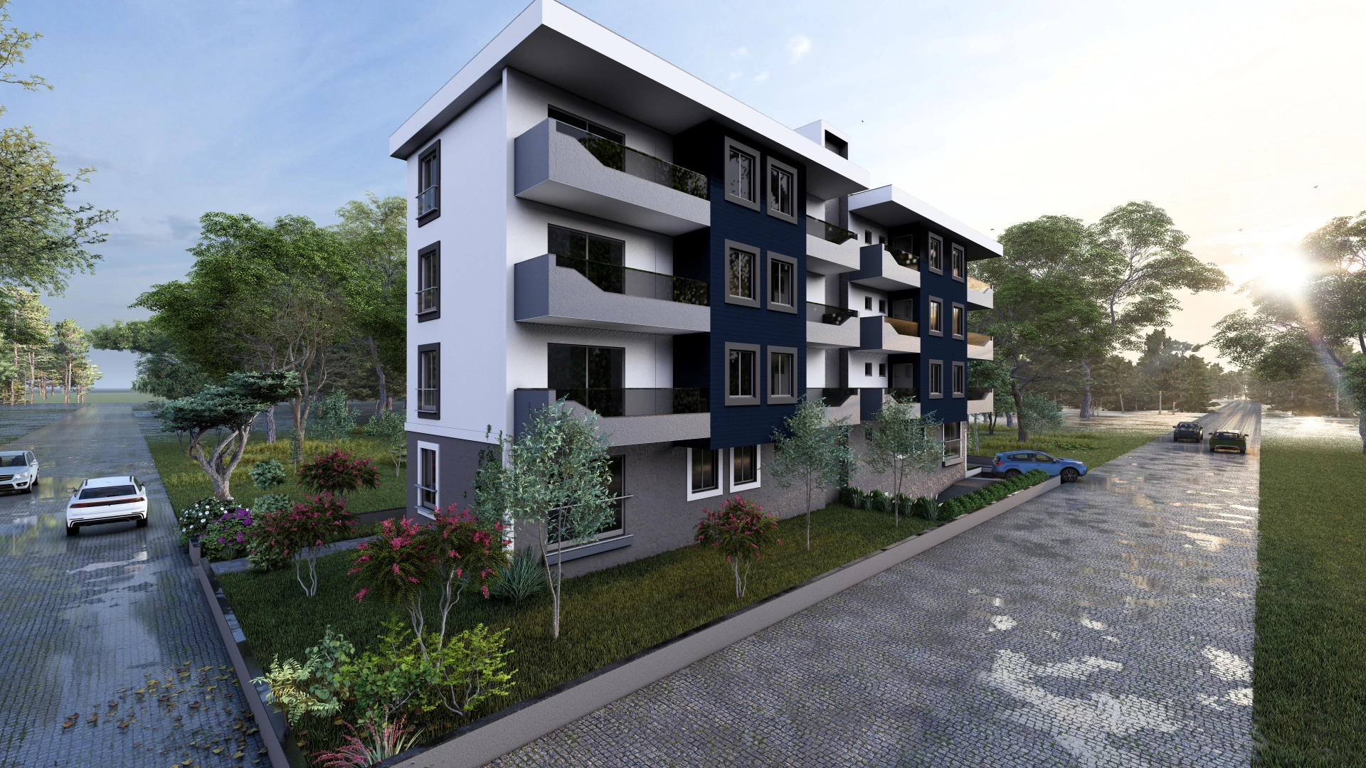 Beyaz, gri ve lacivert cephelere, cam korkuluklu balkonlara ve peyzaj düzenlemesine sahip modern dört katlı apartman yapısının köşe perspektifi.