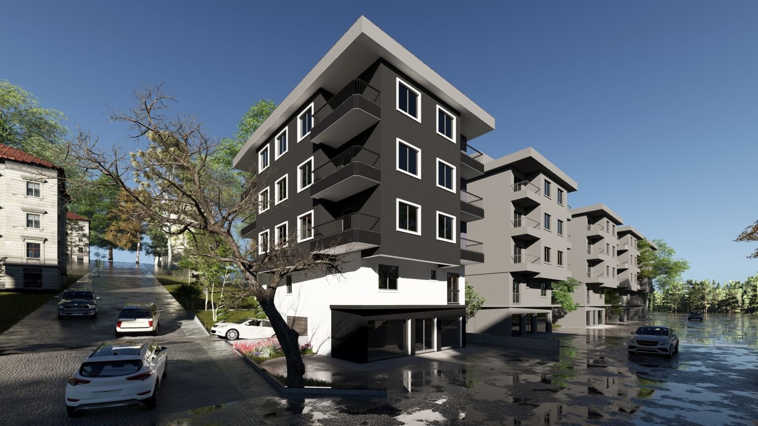 Ezine Apartmanı’nın balkonlu cephesini ve yanındaki açık renkli apartman bloklarını gösteren geniş açılı mimari görselleştirme.