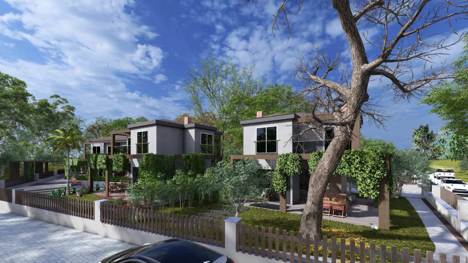 Street view of the duplex residences and landscaped garden areas at Ege İnci Konakları Evreşe.