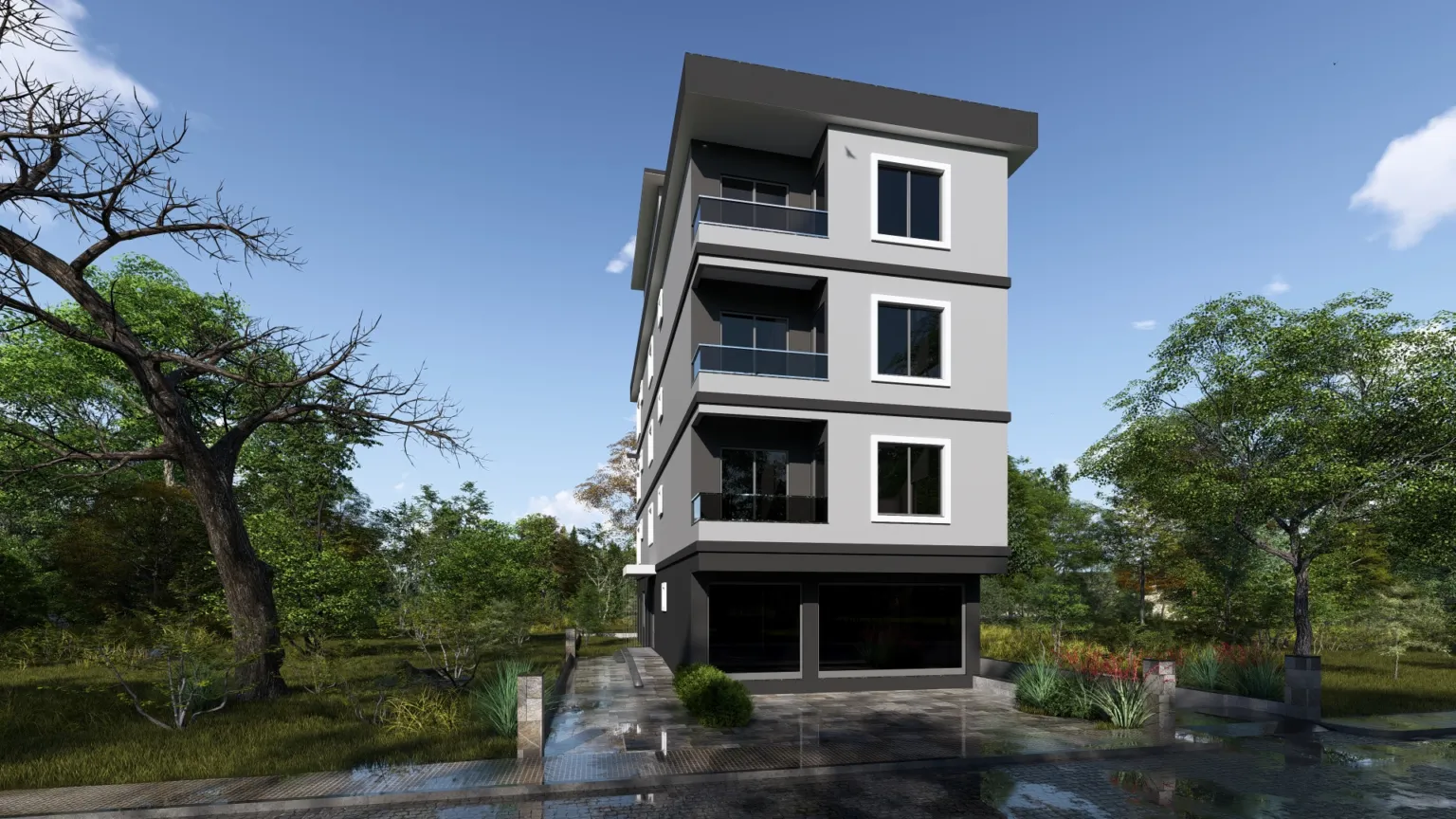 Angled architectural rendering of the Small House project featuring a grey façade, glass balconies and a stone-paved forecourt.