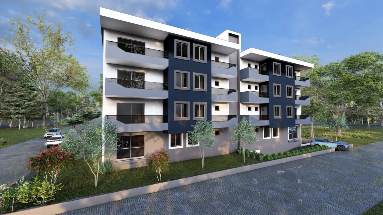 Street-side perspective of a modern apartment building with navy façade accents, projecting balconies, landscaped greenery, and surrounding trees.