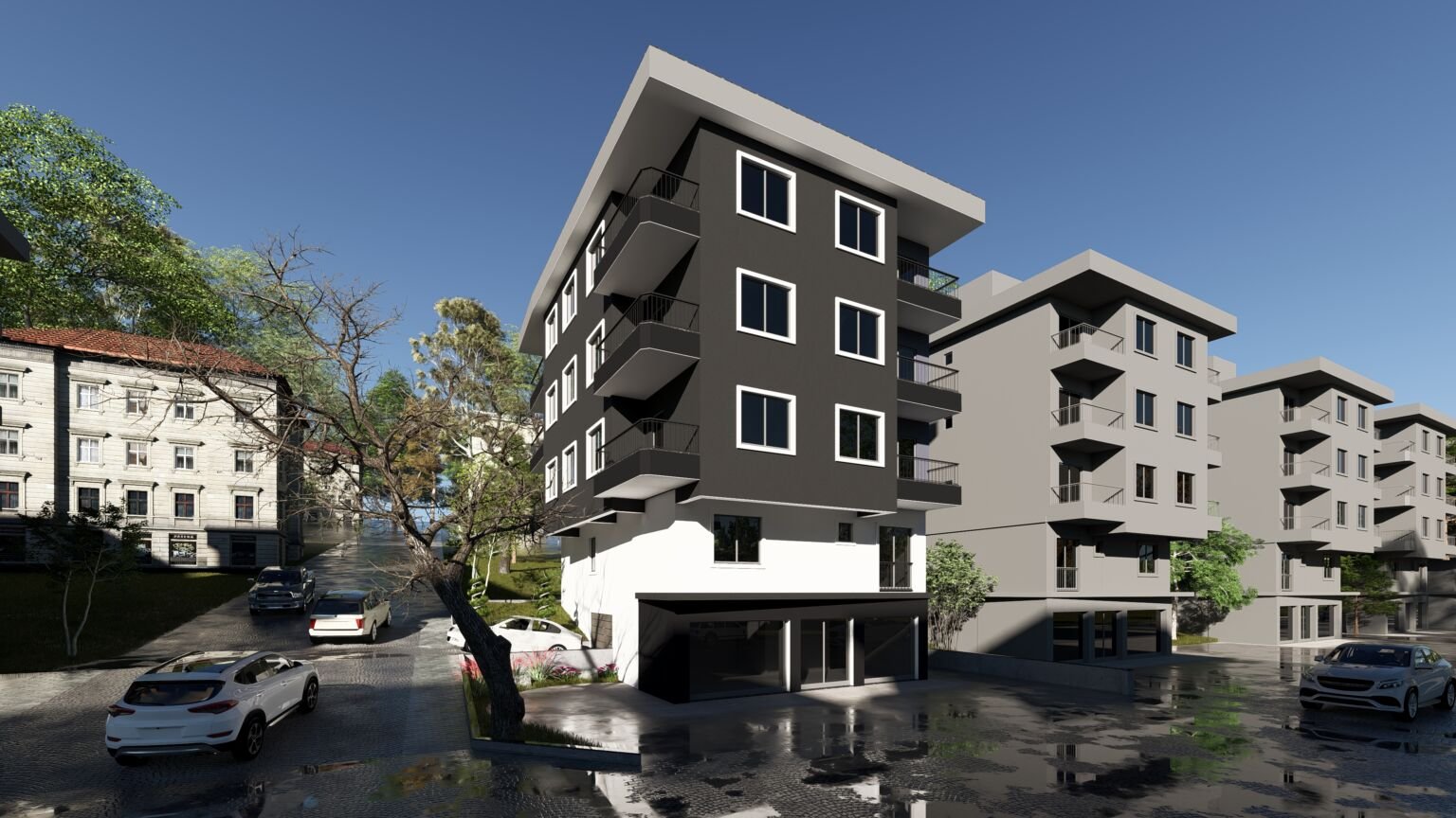 Architectural visualization showing the corner location, dark-gray façade, and surrounding residential buildings of Ezine Apartment.