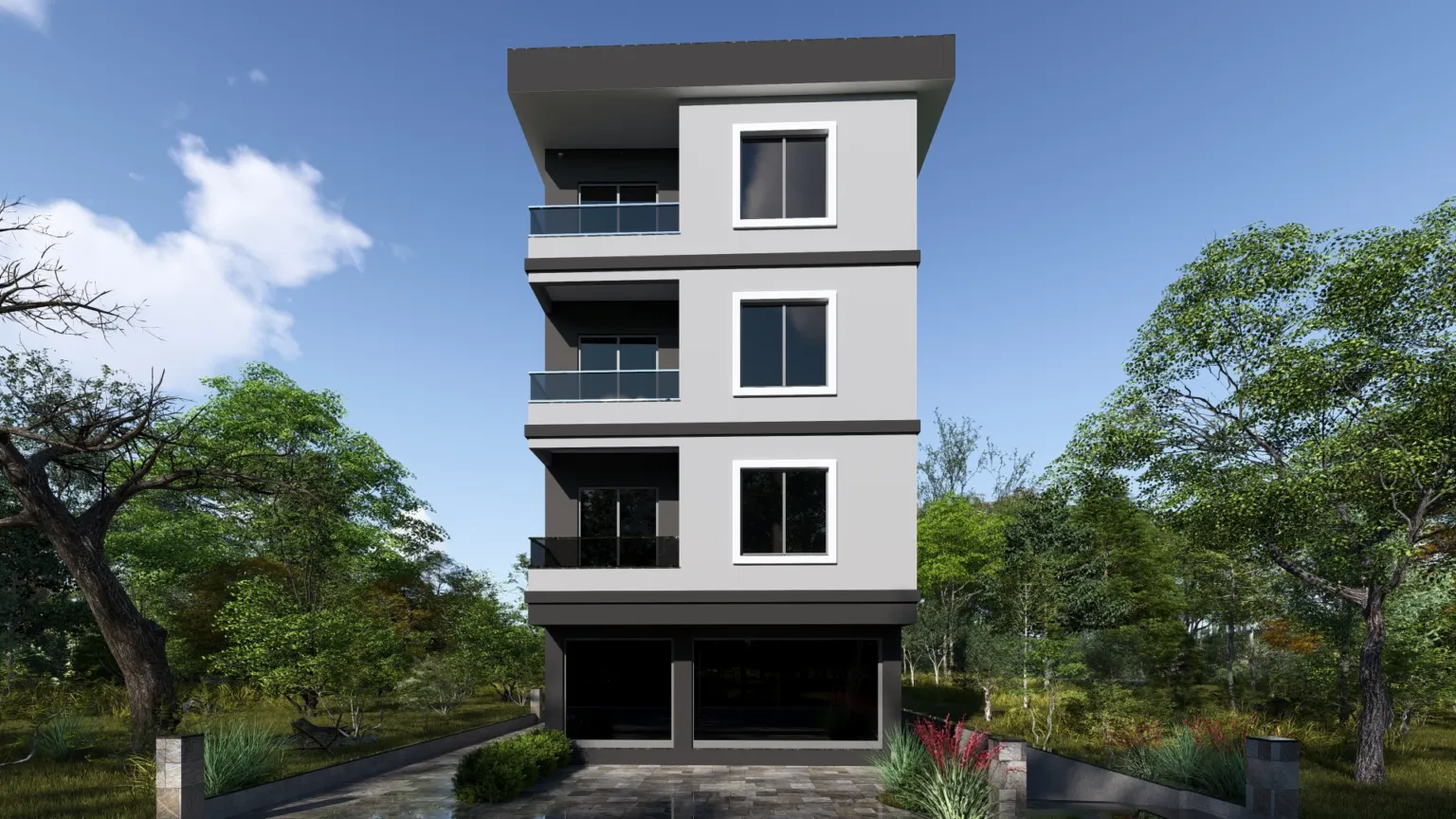 Small House projesinin geniş pencereli, cam balkonlu ve koyu gri detaylı ön cephesinin karşıdan görünümü.