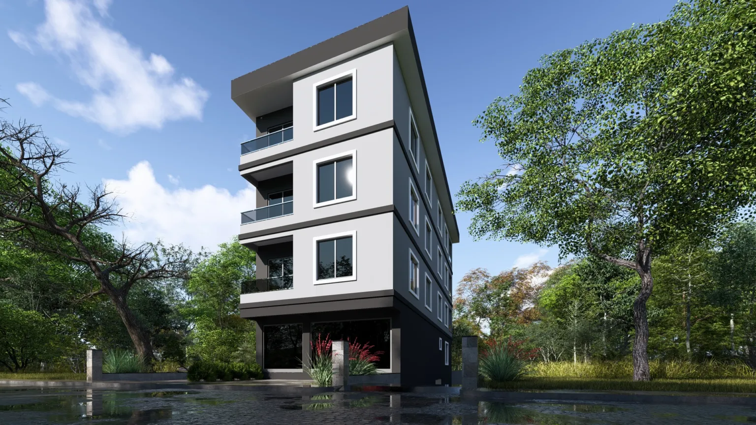 Small House projesinin ön ve yan cephelerini, geniş pencerelerini ve cam balkonlarını alçak açıdan gösteren mimari görselleştirme.