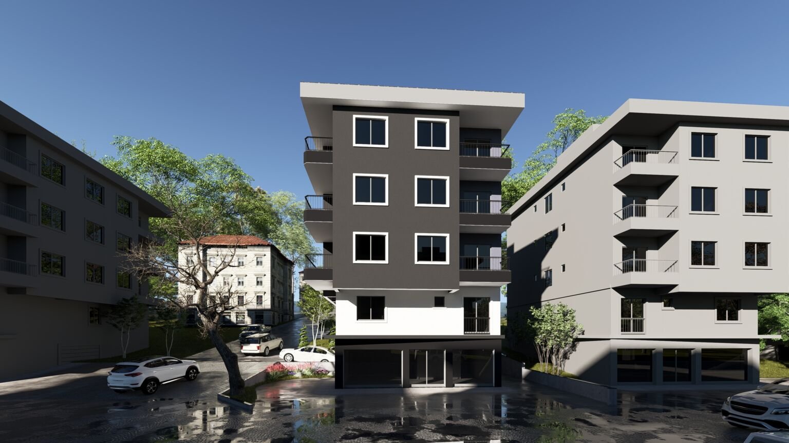 Komşu apartmanların arasında konumlanan Ezine Apartmanı’nın koyu gri ön cephesini ve zemin katındaki ticari alanı gösteren görselleştirme.