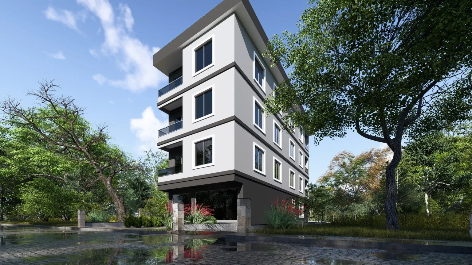 Ağaçlarla çevrili Small House projesinin gri cepheli, cam balkonlu ön ve uzun yan cephesinin geniş açılı görünümü.