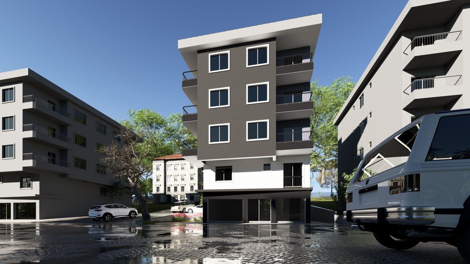 Ezine Apartmanı’nın ön cephesini, balkonlarını ve zemin kattaki dükkânını yakın açıdan gösteren, ön planda bir aracın bulunduğu mimari görselleştirme.