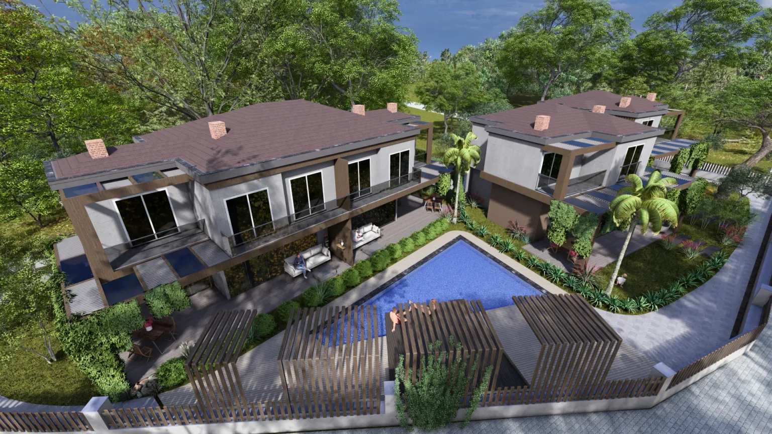 Elevated 3D view of Ege İnci Konakları Evreşe showing the duplex residences, central pool, terraces, and landscaping.