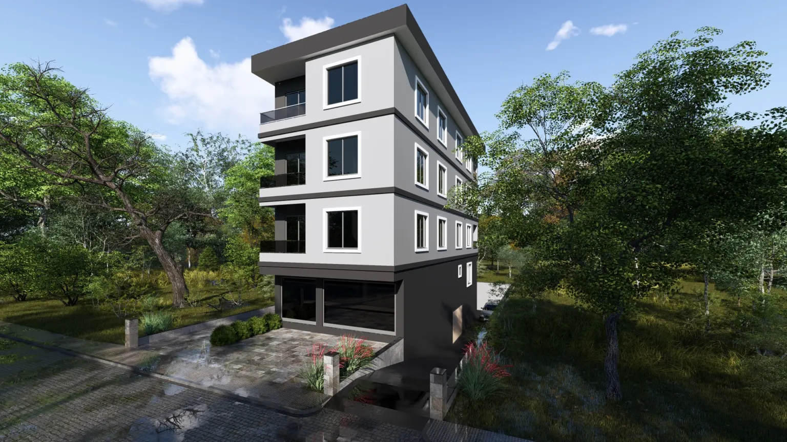 Small House projesinin ön ve yan cepheleriyle birlikte peyzajlı giriş alanını ve alt kata inen araç rampasını gösteren üst açı görünümü.