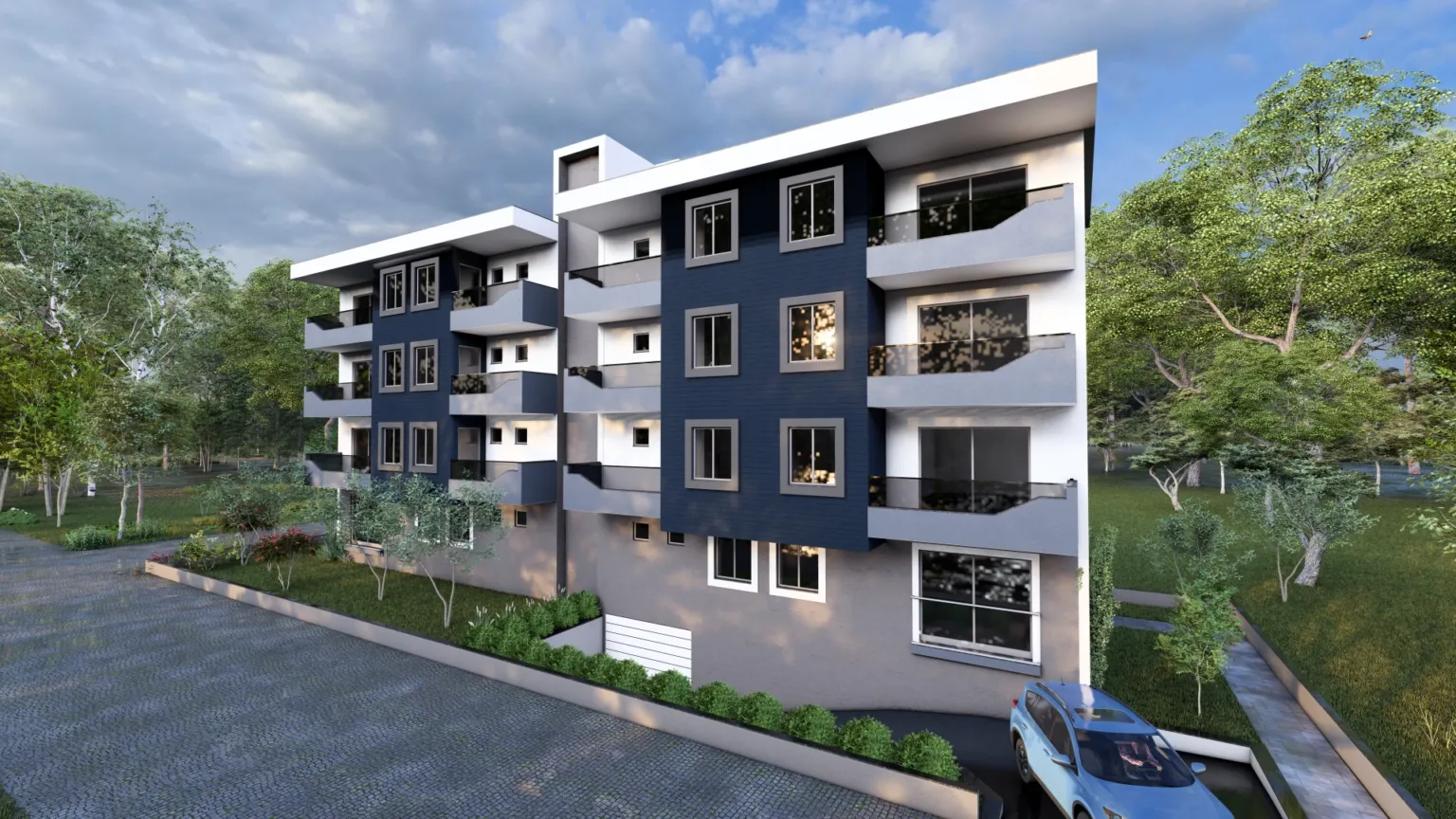 Lacivert kaplamaları, balkonları, peyzaj düzenlemesi ve araç girişiyle modern dört katlı apartman yapısının sağ ön perspektifi.