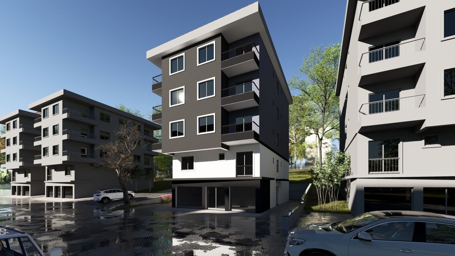 Architectural visualization showing the balconied corner façade of Ezine Apartment, surrounding residential blocks, and cars along the street.