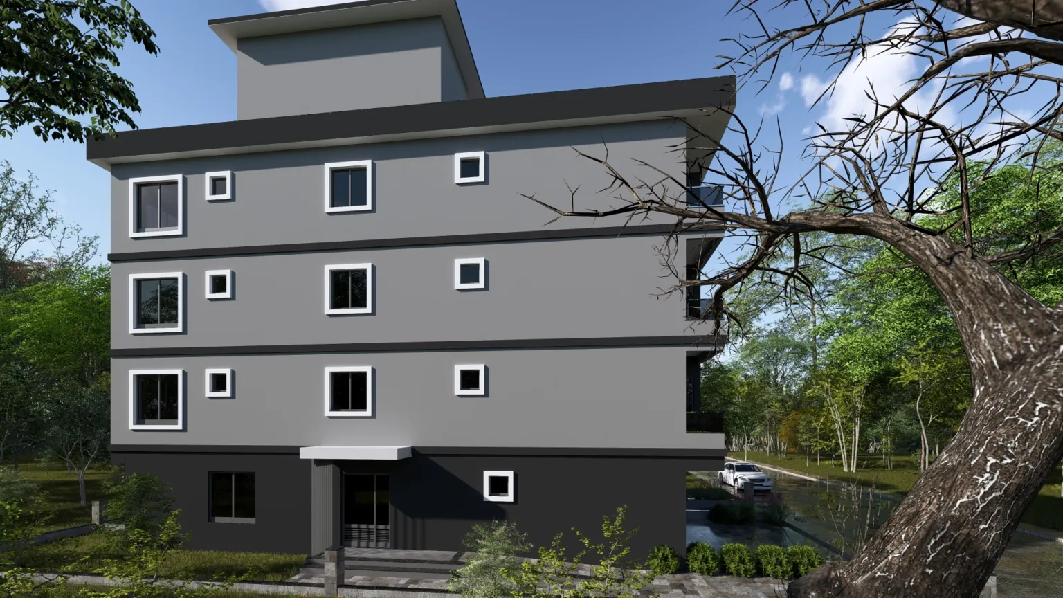 Small House projesinin farklı boyutlardaki pencerelere sahip yan cephesini, bina girişini ve çevredeki ağaçları gösteren görünüm.