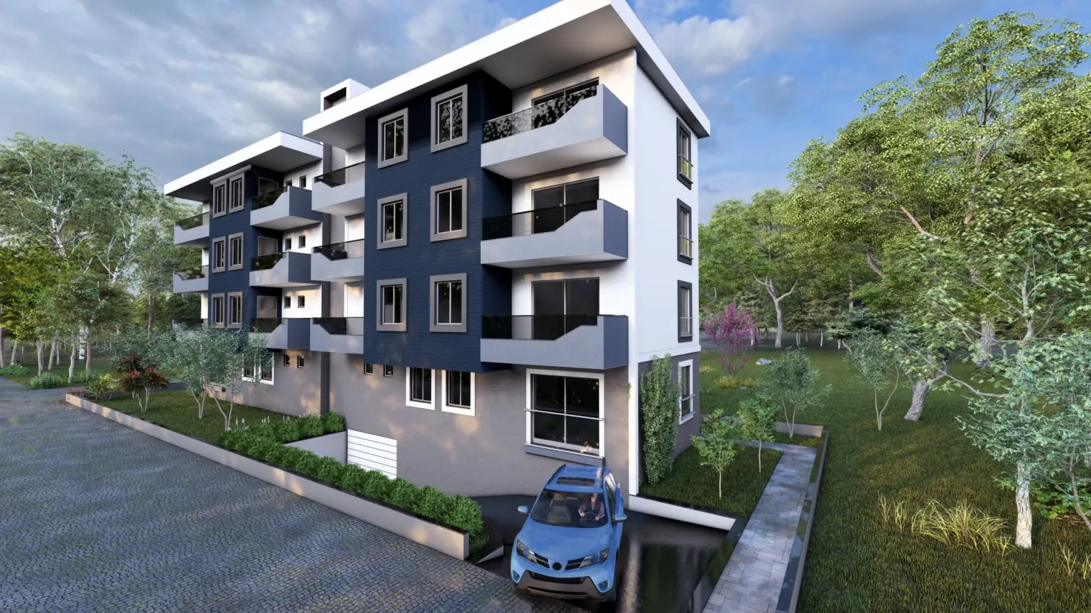 Çıkmalı balkonları, lacivert cephe panelleri, peyzajlı çevresi ve giriş yakınındaki mavi araçla modern apartman yapısının sağ köşe perspektifi.