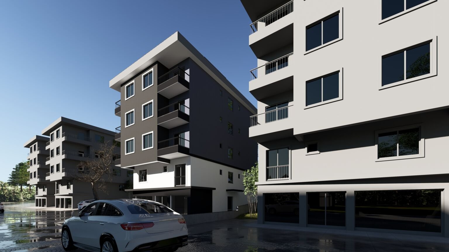 Ezine Apartmanı ile komşu yapının zemin kattaki cam cepheli ticari alanlarını ve üst katlardaki balkonları gösteren sokak perspektifi.