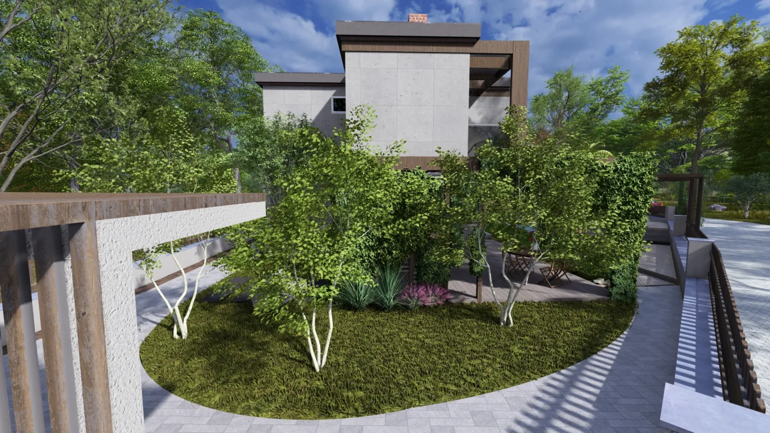 3D visualization of a landscaped garden, walking path, and seating area beside a duplex residence at Ege İnci Konakları Evreşe.