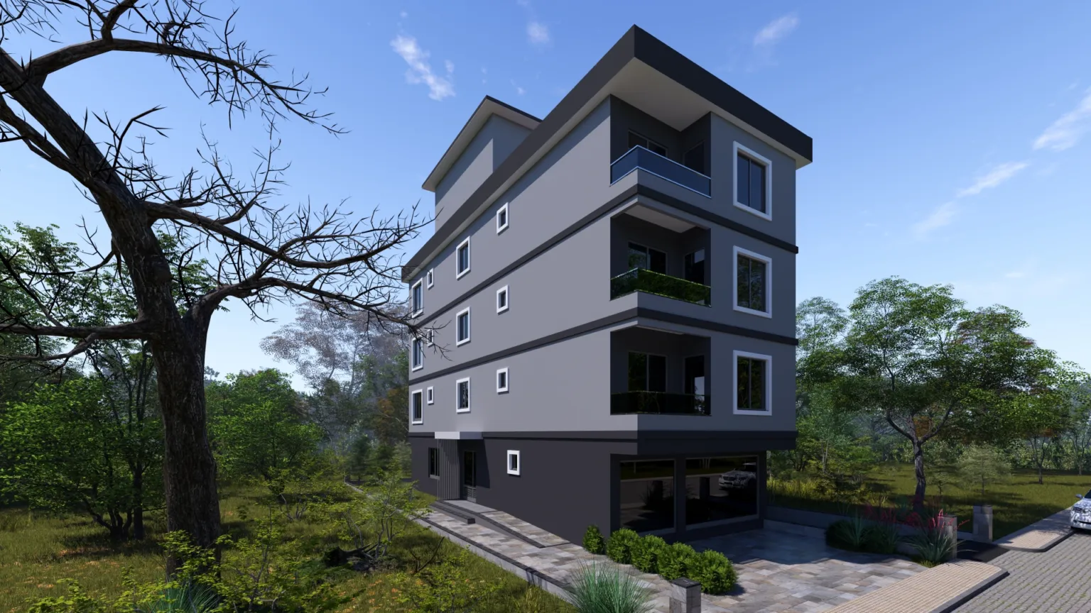 Angled architectural rendering of the Small House project showing its glass-fronted balconies, windowed side façade and landscaped surroundings.