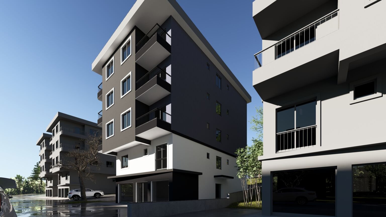 Ezine Apartmanı’nın koyu gri yan cephesini, köşe balkonlarını ve çevresindeki apartmanları aşağıdan gösteren mimari görselleştirme.
