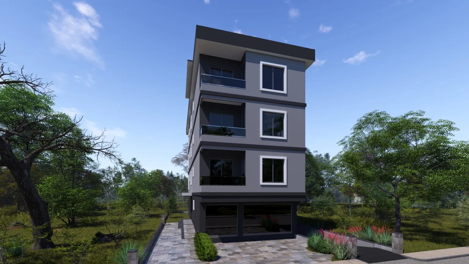 Small House projesinin üç kat boyunca sıralanan cam balkonlarını, geniş pencerelerini ve taş döşeli ön alanını gösteren cephe görünümü.