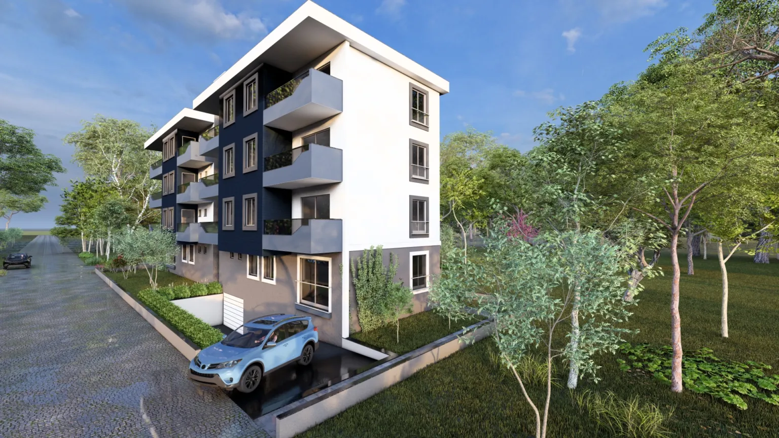 Right-side exterior perspective of a modern apartment building with stacked balconies, white and navy façades, landscaped greenery, and a parked blue car.