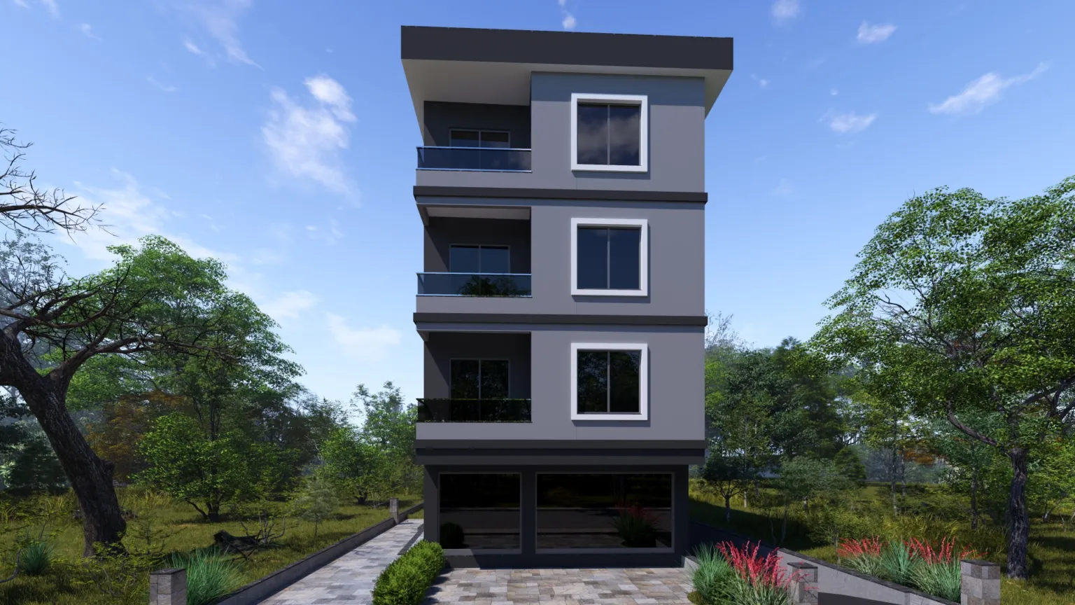 Small House projesinin koyu gri zemin katı, geniş vitrinleri, cam balkonları ve peyzajlı ön alanıyla karşıdan görünümü.