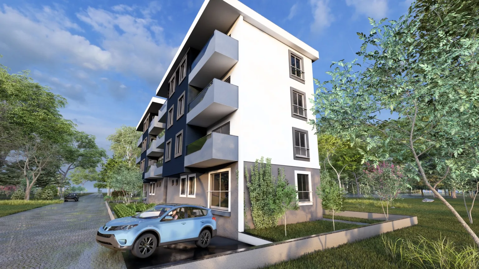 Çıkmalı balkonları, lacivert kaplaması, peyzajlı çevresi ve bina yanındaki mavi araçla modern dört katlı konut yapısının yakın sağ yan perspektifi.