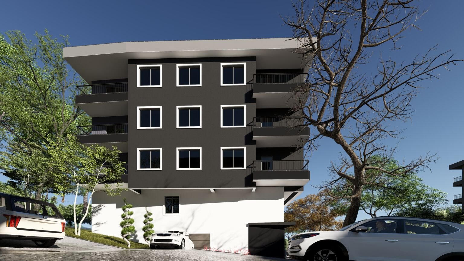 Ezine Apartmanı’nın düzenli pencere yerleşimine sahip koyu gri cephesini, yan balkonlarını ve önündeki araçları gösteren mimari görselleştirme.