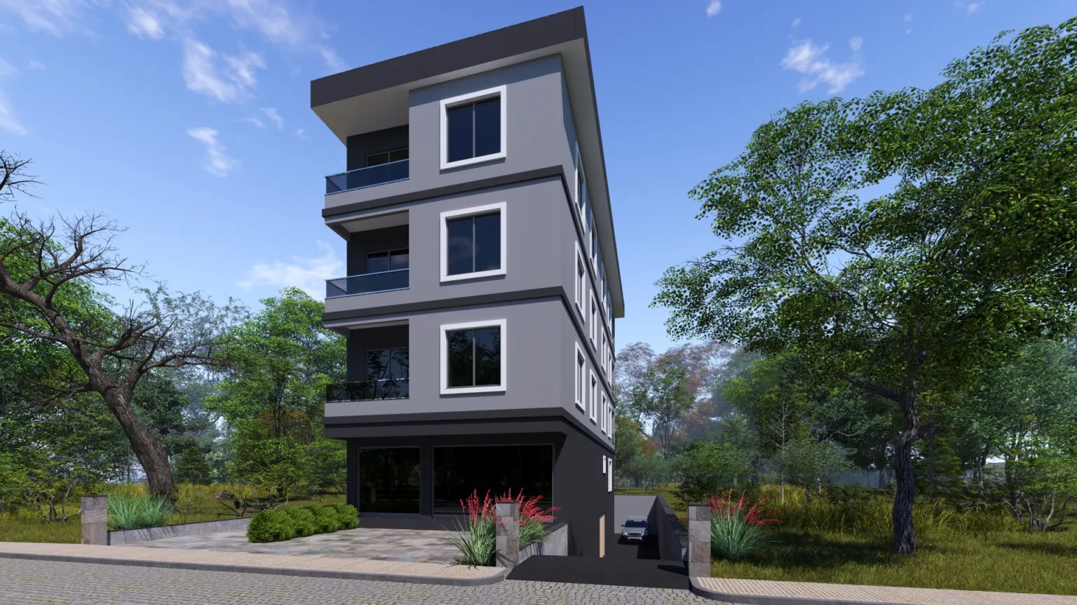Small House projesinin ön ve yan cepheleriyle birlikte bina yanındaki alt kat araç rampasını gösteren mimari görselleştirme.