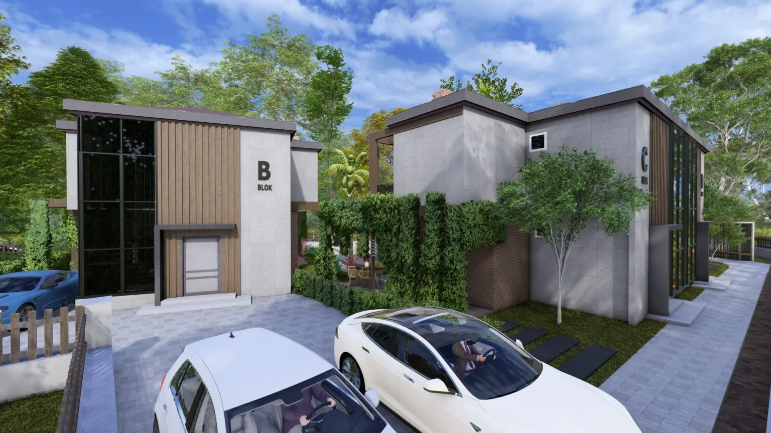 3D view of the vehicle area between Blocks B and C at Ege İnci Konakları Evreşe, with entrances and landscaped greenery.