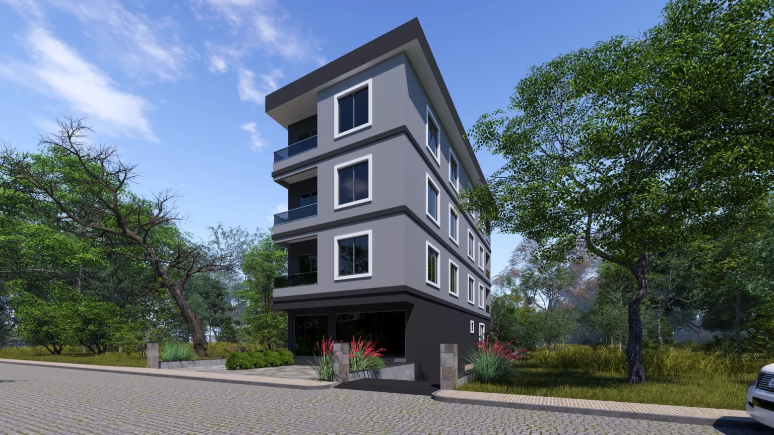 Wide street-level view of the tree-lined Small House project, showing its glass balconies and long side façade.