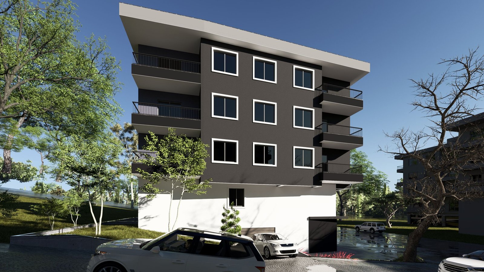 Ezine Apartmanı’nın geniş çatı saçağını, koyu gri cephesini, iki yandaki balkonlarını ve çevre düzenlemesini gösteren görselleştirme.