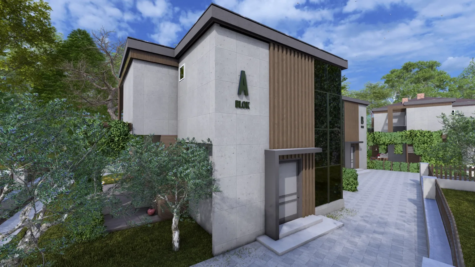 View of Block A at Ege İnci Konakları Evreşe featuring wood and concrete-style façade details, entrance, and surrounding landscaping.