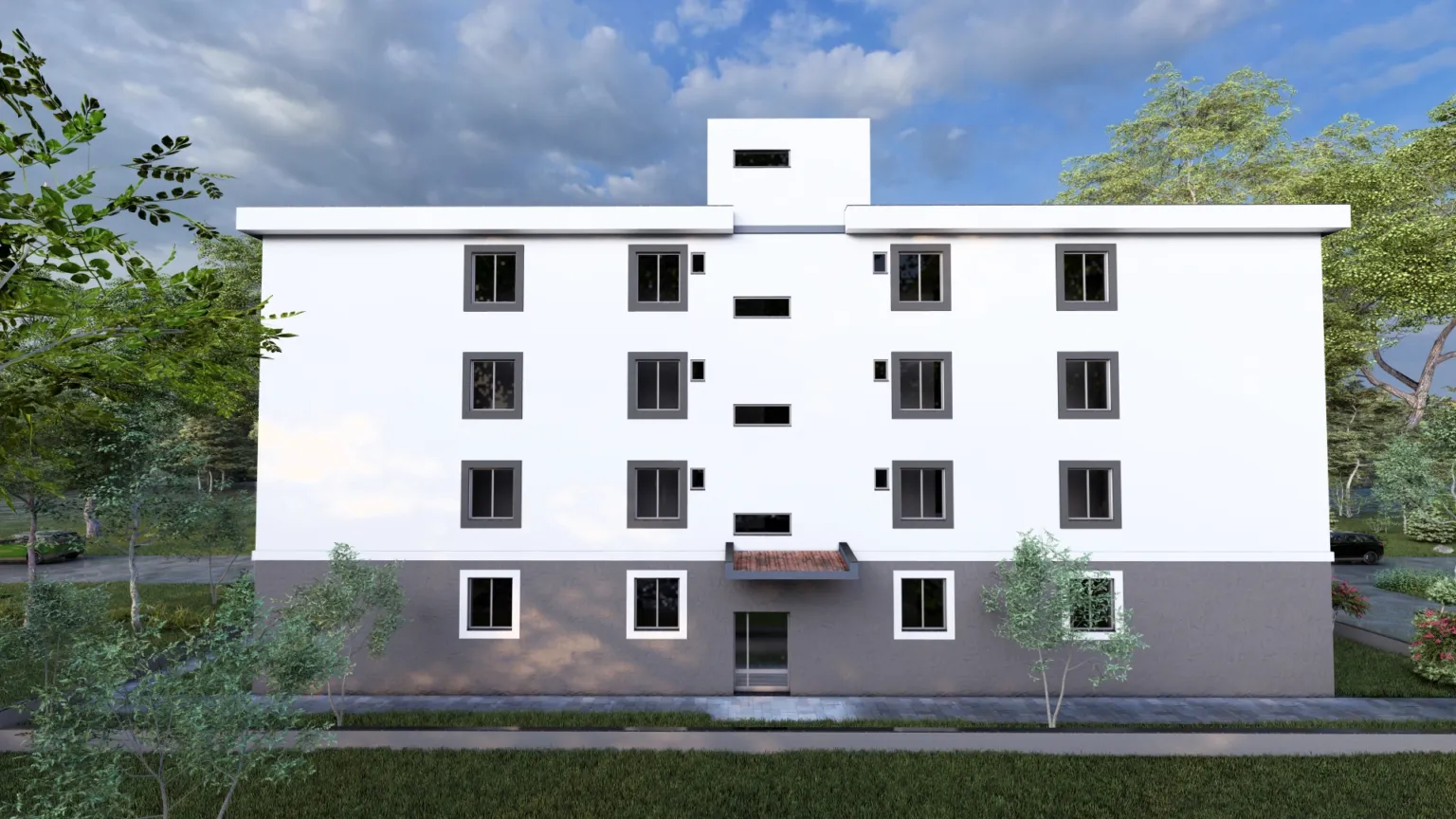 Straight rear elevation of a four-story apartment building with a white façade, gray ground floor, regularly arranged windows, and a central entrance.