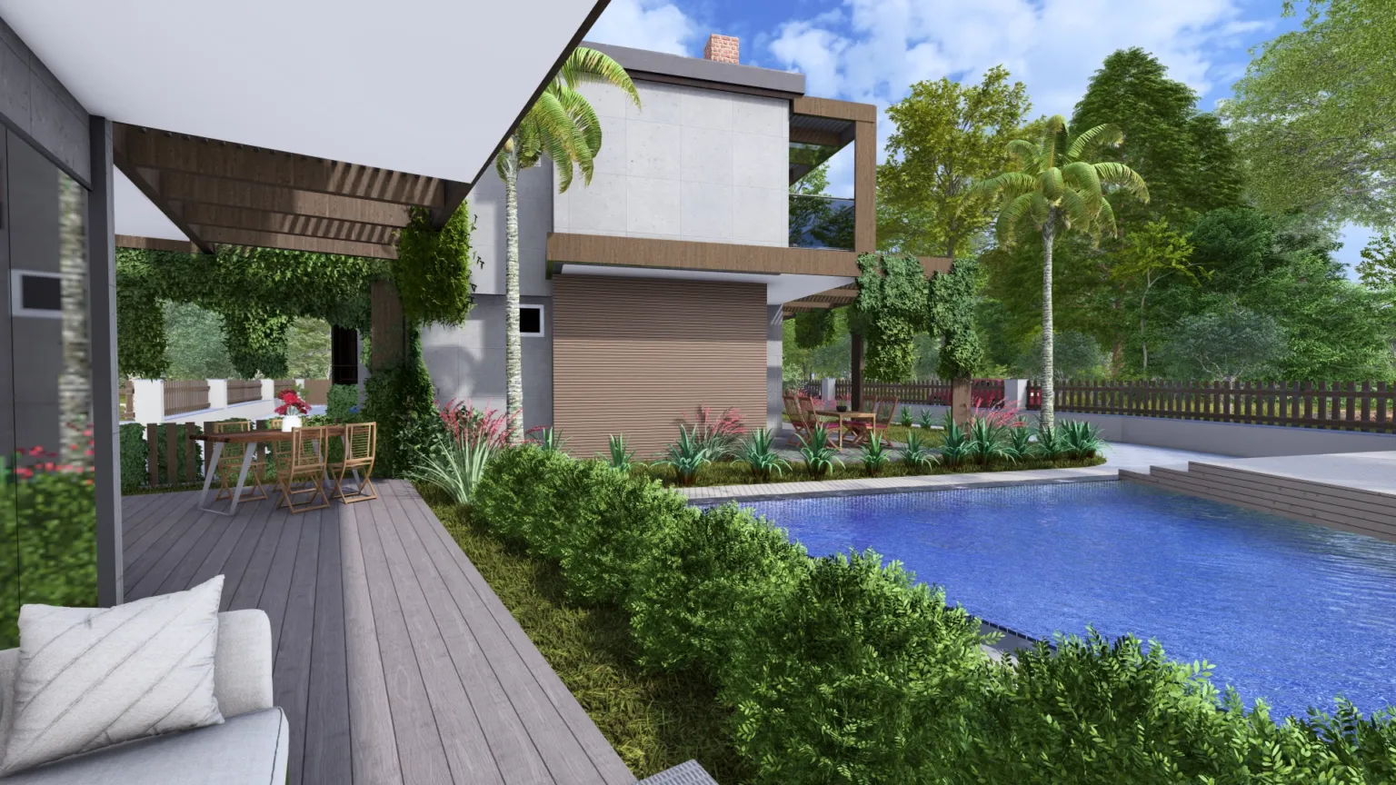 Ege İnci Konakları Evreşe’de havuz, ahşap teras, pergola, açık hava yemek alanı ve yoğun peyzajın birlikte görünümü.