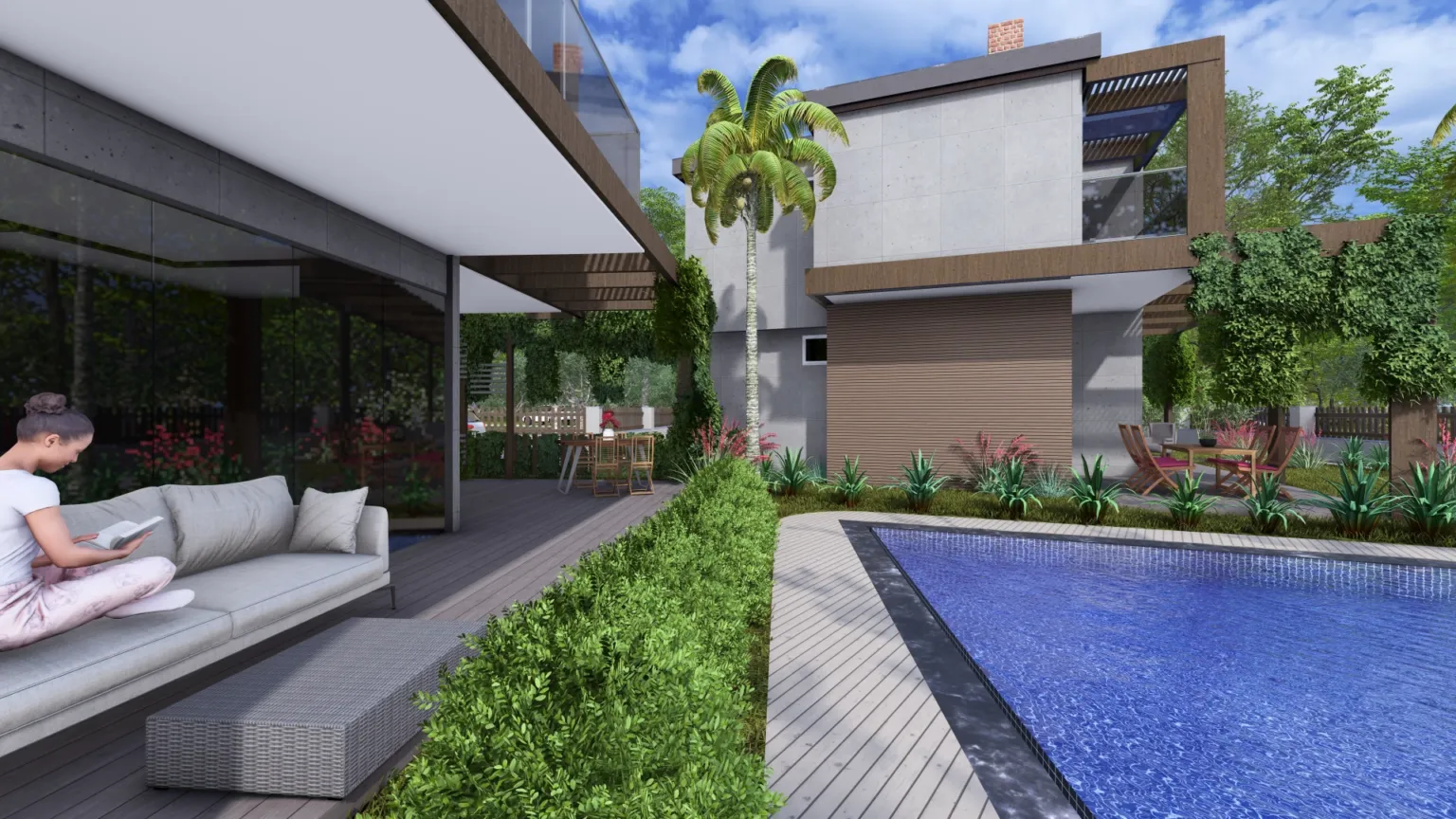 Poolside view at Ege İnci Konakları Evreşe featuring a covered seating area, wooden terrace, and landscaped surroundings.