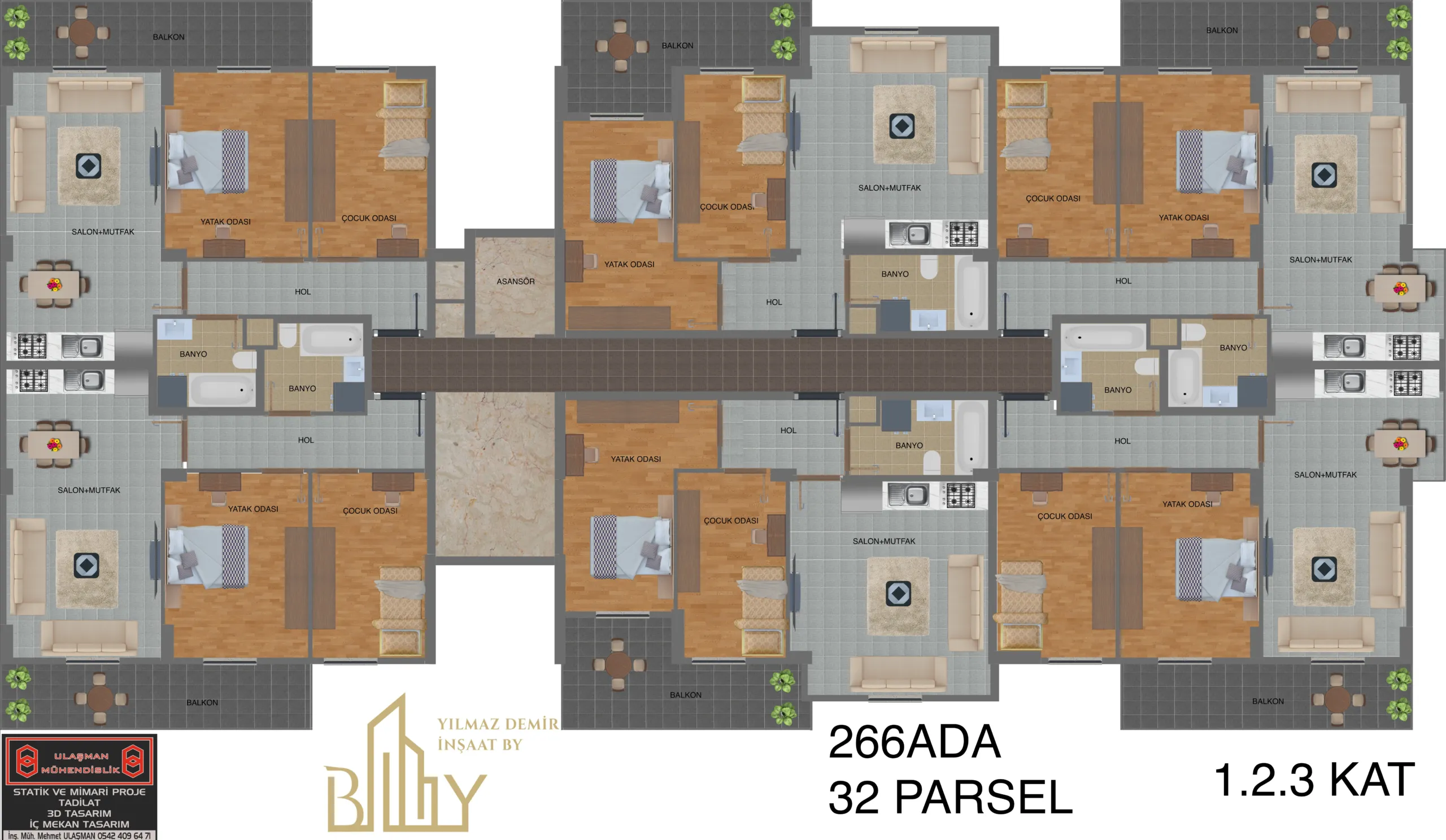 Bahar Evleri 1 projesinin 1., 2. ve 3. kat planı; 1+1 ve 2+1 daireler, salon-mutfak alanları, yatak odaları, banyolar, balkonlar ve ortak koridor alanlarını gösteren mimari yerleşim planı.