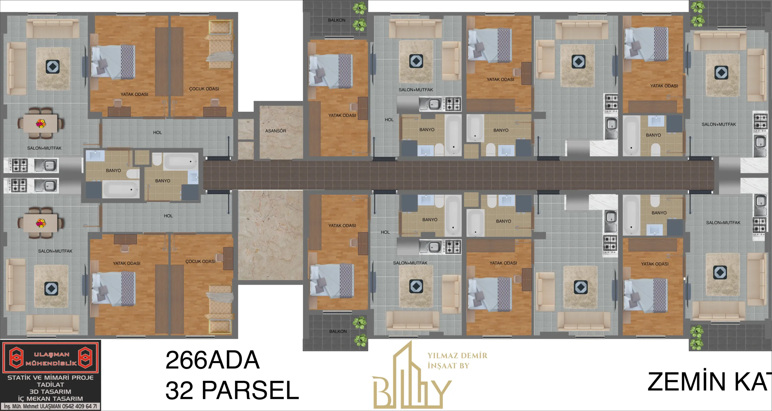 Bahar Evleri 1 projesinin zemin kat planı; 1+1 ve 2+1 daireler, salon-mutfak alanları, yatak odaları, banyolar, balkonlar ve ortak dolaşım alanlarını gösteren mimari yerleşim planı.