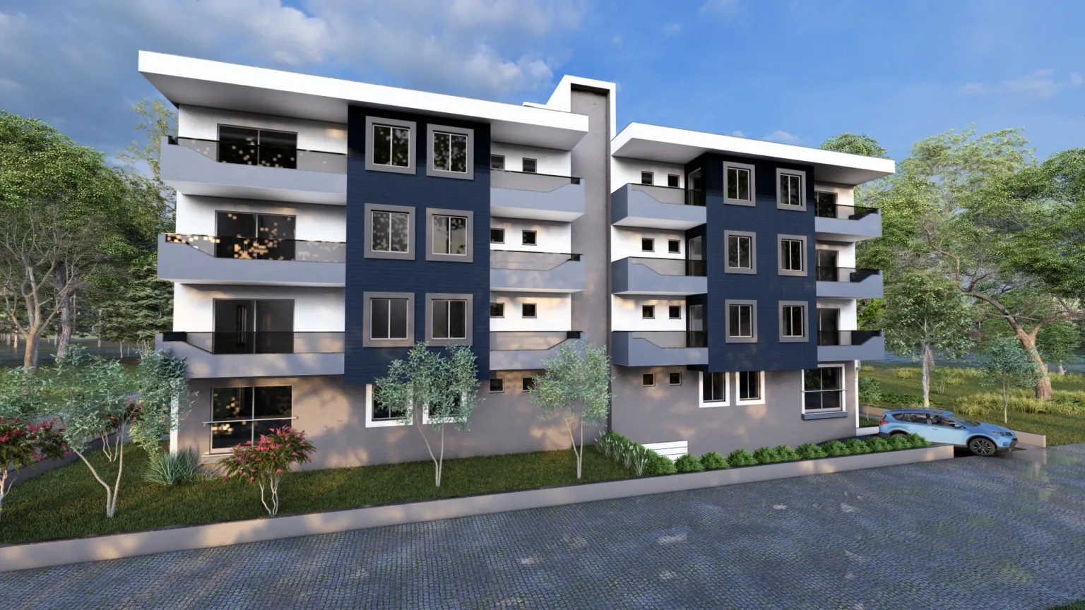 Front perspective of a contemporary four-story residential building with white and navy façades, gray balconies, and landscaped surroundings.