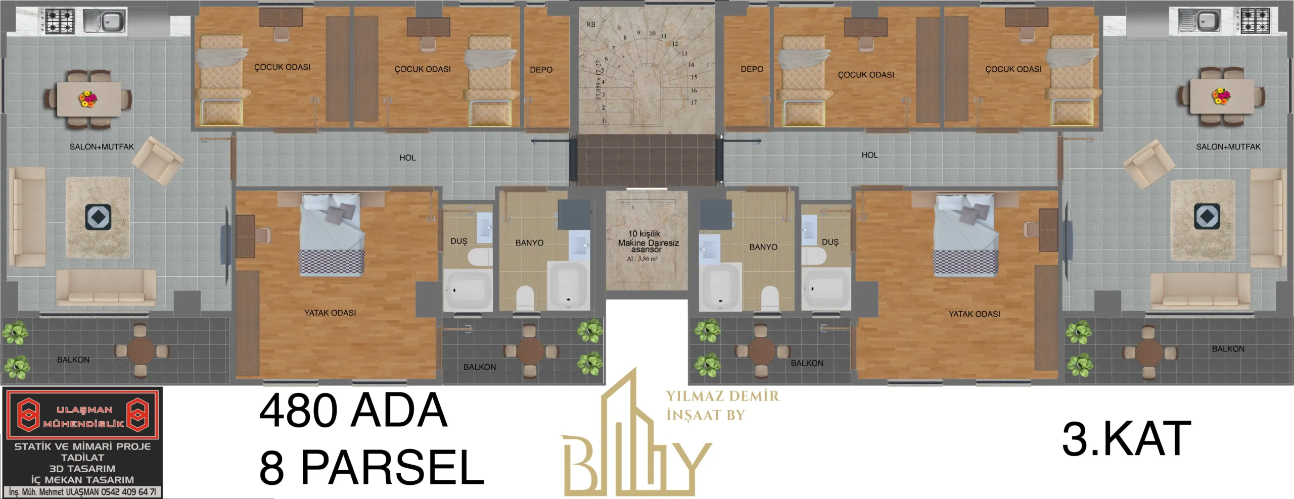 480 Ada 8 Parsel konut projesinin; açık plan salon ve mutfak, yatak odası, iki çocuk odası, depo alanları, banyolar, balkonlar ile merkezi merdiven ve asansör çekirdeğini gösteren simetrik iki daireli üçüncü kat planı.